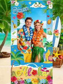 60x120cm 乙烯基攝影背景布，夏威夷 Aloha Tiki 框架剪影主題，藍色，適用於嬰兒洗禮、性別揭曉派對、夏季夏威夷主題派對 - 藍白色 - 查看 5