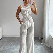 Women's Fashionable Solid Color Textured 2-Piece Set, Including Sleeveless Crew Neck Button Fitted Tank Top And High Waist Loose Straight Leg Pants, Elegant Commuter Style - Negro - Ver 2