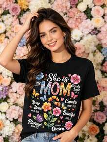 Camiseta de Mujer "Ella Es Mamá" con Versículos Bíblicos, Estilo Boho Floral, para el Día de la Madre, Blusa Casual de Manga Corta, Cuello Redondo, Lavable a Máquina, Primavera Verano - Negro - Ver 4