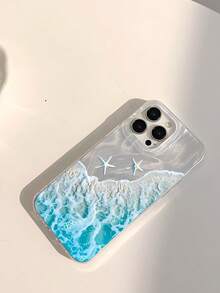 夏日清爽度假海滩海洋渐变蓝波纹泡沫海星图案全包覆TPU防震手机壳，兼容苹果17、16、15、14、13、12、11 Pro Max及系列 - 彩色 - 查看 3
