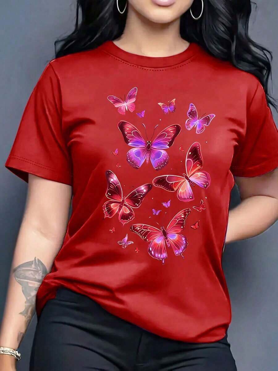 Camiseta de mujerPlayera Marrón Butterfly Glow de Mujer con Estampado de Mariposas Brillantes en Tonos Rosa y VioletaCómoda y ligera - Marrón - Ver 1