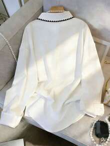 Camisa larga de mujer de manga larga, de un solo pecho, holgada, con hombros caídos y de unicolor - Blanco 2 - Ver 2