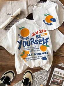 Tops Vintage de Verano para MujerCamisetademujerdemangacortaescolorblanco,conestampadodefrutasdenaranjaestonosanaranjadoscombinadasconletrasNARANJAesazul,composiciónconvariacióndetamañostipográficosquegeneraimpactovisualcoloresfrescosydinámicos,diseñodetransferenciatérmicoprendasuperiordeestiloInformal. ModaCamiseta refrescante - Blanco - Ver 6
