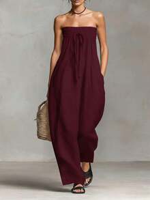 2026 European And American Spring/Summer New Cotton-Linen Blend Simple Strapless Tube Top Jumpsuit - Green - View 9