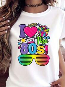 1 Piece "I Love The 80s" T-Shirt For Women, Retro 80s Party Tee With Neon Sunglasses And Cassette Tape Design, Fun Vintage Tee For 80s Theme Parties, Birthdays, Halloween Or Costume Events, 180g 100% Soft Cotton - 白色 - 查看 7