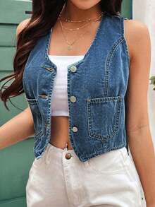 Chaleco corto informal de mezclilla ajustado con bolsillos para mujeres, azul.Este chaleco de mezclilla versátil es adecuado para la primavera/verano.Es una prenda exterior holgada sin mangas que cuenta con bolsillos.Perfecto para salidas - Azul lavado medio - Ver 4