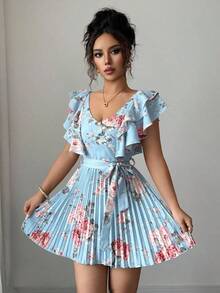 Vestido elegante y romántico para vacaciones con cuello en V con volantes, cintura ceñida y estampado de lunares en forma de línea A para mujeres - Multicolor 6 - Ver 4