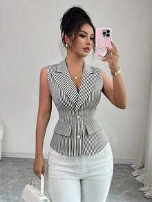 Chaleco de traje delgado con botones y rayas para mujer - Negro - Ver 2