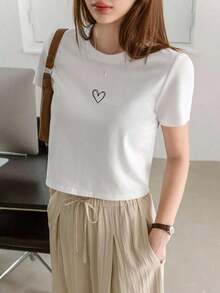 Envío gratis, entrega local enéxico, entrega en 4 días. Camiseta corta de cuello redondo de color sólido-Less, tops de estilo preppy de verano, ropa casual de negocios para mujer. - Blanco - Ver 2