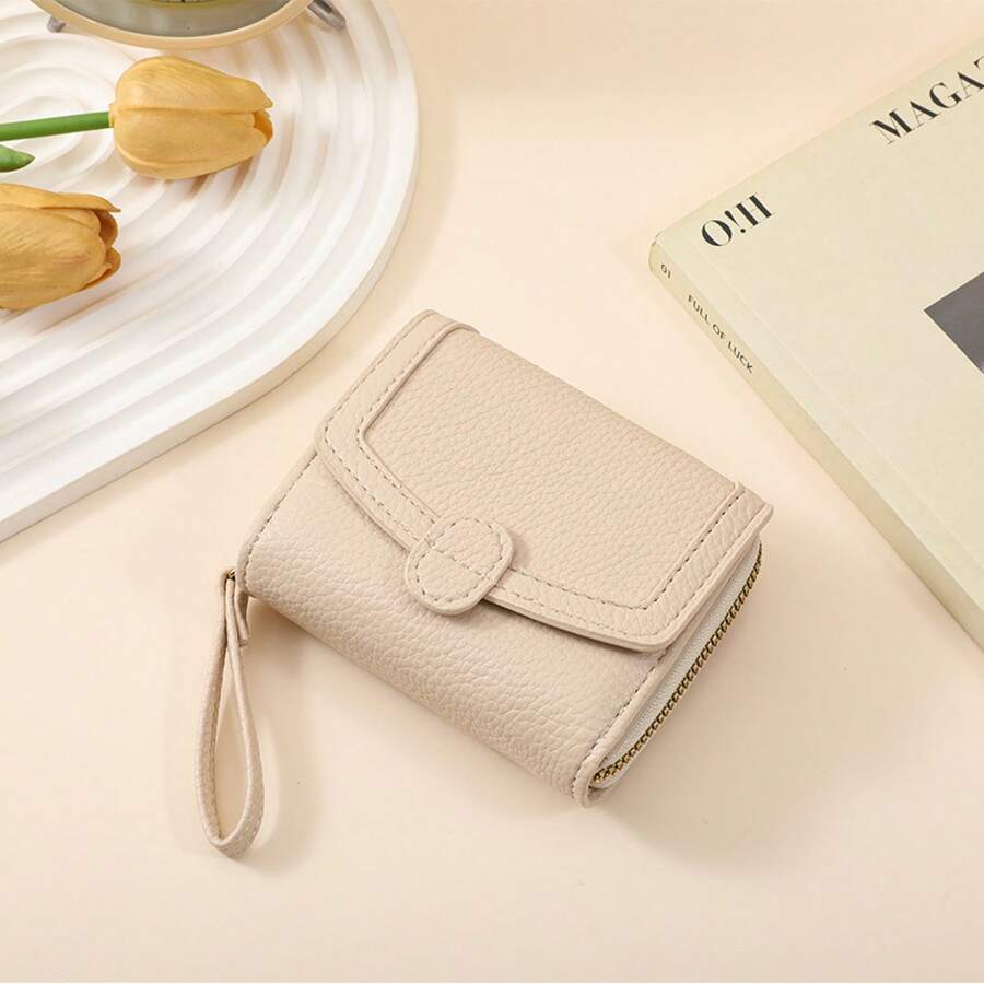 Porte-monnaie court pour femme à 3 volets avec fermeture éclair (pochette) Portefeuille pliable grande capacité - blanc cassé - Voir 1