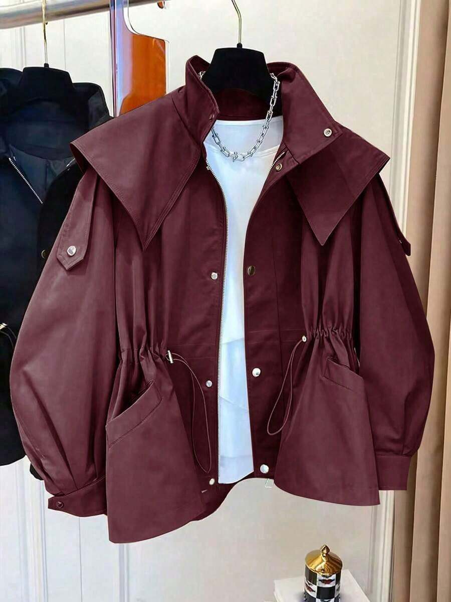 1 pieza Abrigo de trinchera con bolsillo con cordón, botones delanteros y tela tejida de unicolor, informal para primavera/otoño - Burdeos - Ver 1