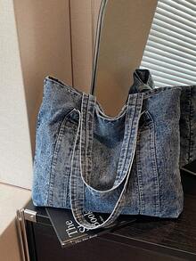 1pc Minimalist Large Capacity Denim Shoulder Tote Bag, Suitable For Outing, Travel, Shopping, Vacation - Blue - View 3