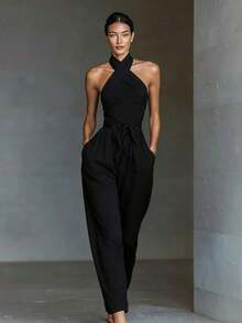 Mono pantalón amplio de lino de moda mujer europeo, tirantes cruzados, cordón ajustable, corte favorecedor y casual elegante - Negro - Ver 3