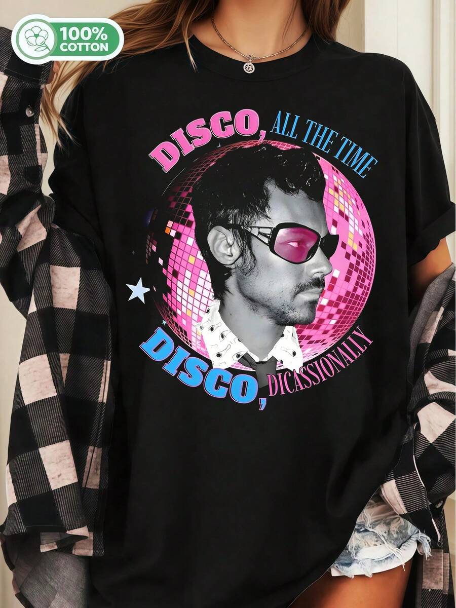 Harrys SStyles Disco All The Time Unisex Cotton T-Shirt Retro Pop Star Graphic Streetwear Tee - Black - View 1