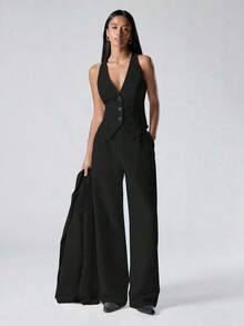 Conjunto elegante de mujer con top de tirantes de unicolor con cuello en V + chaqueta de manga larga + pantalones largos para otoño/invierno - Negro - Ver 3