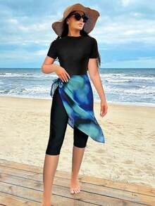 Conjunto de traje de baño burkini de 3 piezas con top de manga corta de unicolor, pantalones 7/8 y minifalda, adecuado para vacaciones de verano - Multicolor - Ver 2