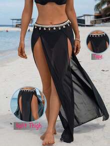 Falda de malla con abertura alta para vacaciones de verano en la playa + Adorno de concha y estrella de mar con ribete de cinta para mujer - Negro - Ver 8