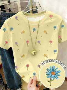Camiseta de manga corta con estampado floral, camiseta de verano, blusa refrescante para damas, camiseta estética - Multicolor 4 - Ver 7