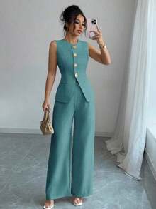 Traje casual/de trabajo elegante de mujer con decoración de botones florales - Verde 2 - Ver 7