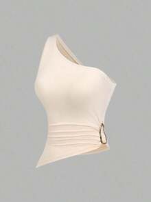 Conjunto de blusa con cuello asimétrico, un solo hombro y decoración de hebilla metálica, adecuado para vacaciones en la playa - Multicolor 4 - Ver 8