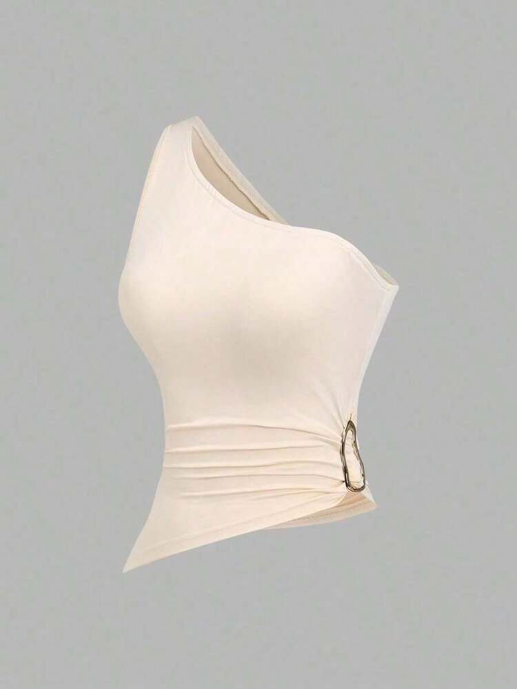 Conjunto de blusa con cuello asimétrico, un solo hombro y decoración de hebilla metálica, adecuado para vacaciones en la playa - Multicolor 4 - Añade 8