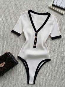 Body de mujer casual con ribete de color contrastante, verano - Blanco - Ver 5