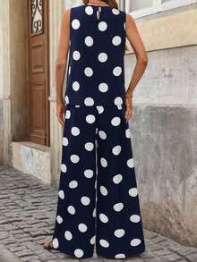 Clasi Conjunto de pantalones anchos plisados con lunares blancos y negros de cuello redondo y sin mangas, holgado, elegante para uso diario, ir a trabajar, moda primavera/verano - Azul marino - Ver 2