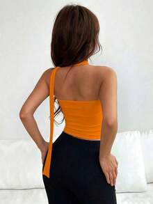 Top de bandeau fruncida con estampado de leopardo y bufanda - Naranja - Ver 2