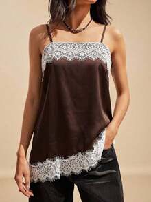 Camiseta de satén marrón con ribete de encaje para mujer - Marrón Chocolate - Ver 6
