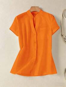 Camisa de mujer de unicolor con cuello en V y botones - Blusa casual y elegante de manga corta con detalle de bolsillo, adecuada para vacaciones, viajes y uso diario, artículo esencial para primavera y verano - Naranja - Ver 5