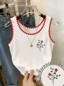 4 piezas Camiseta de mujer con cuello redondo bordada con pimiento picante y limón - Blanco 6 - Ver 1