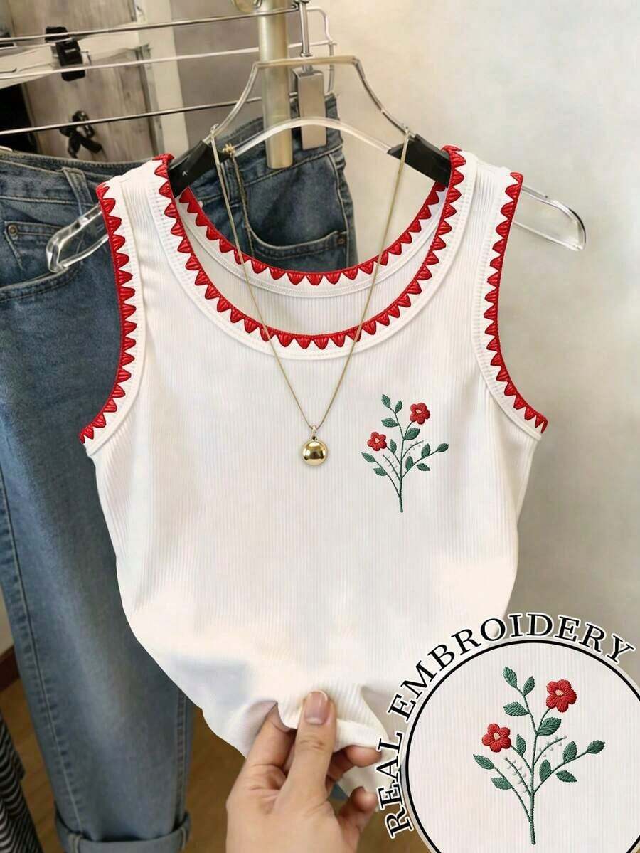 4 piezas Camiseta de mujer con cuello redondo bordada con pimiento picante y limón - Blanco 6 - Ver 1