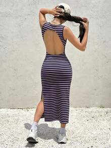 Vestido de rayas para mujer con abertura lateral y espalda descubierta - Multicolor - Ver 7