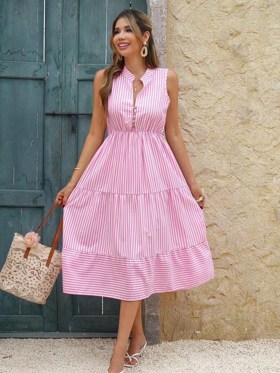 Vestido largo de línea A con cuello en pico y estampado de rayas, atuendo de vacaciones y playa para mujeres - Rosa - Ver 1