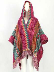 1pc Women's Fashion Geometric Rhombus Pattern Tassel Bohemian Style Hooded Poncho, Suitable For Casual Outings, Daily Wear, Travel And Vacation For Dress - C - 查看 12
