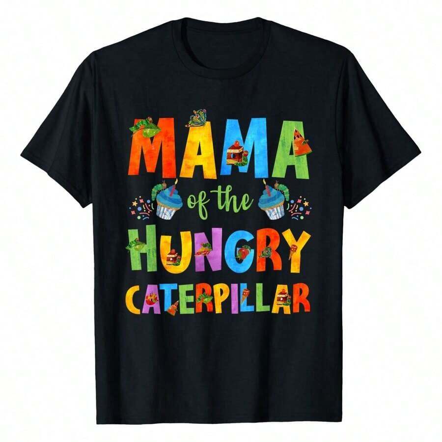 Camiseta de Cumpleaños "Mama Of The Hungry Caterpillar" para el 1er Cumpleaños, Camisetas Gráficas de Manga Corta, Camisetas Casuales para Mujer, 100% Algodón, Camisetas de Verano para Mujer, Estampado Divertido, Camisetas Suaves y Cómodas para Uso Diario, Regalo para Mujer, Camiseta Negra - Negro - Ver 1