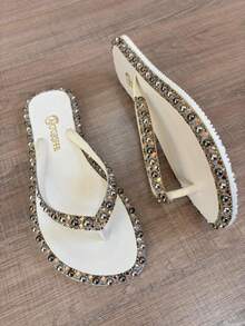 Chinelo De Dedo Rasteirinha Feminino Pedra Turquesa Presente Ano Novo Verão Praia Moda Blogueira Luxo - Branco - Visão 3