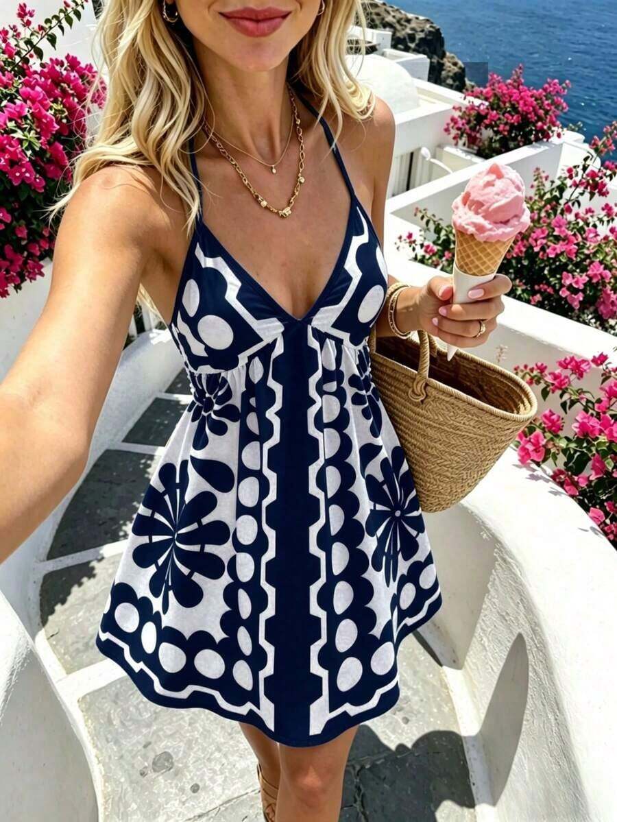Vestido de estilo de vacaciones con cuello en V, estampado de lunares y cintura ceñida - Azul marino - Ver 1