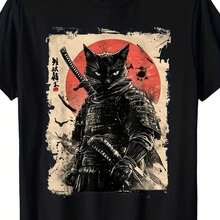 Camiseta Vintage de Arte Japonés con Gráficos de Anime, Guerrero Gato Samurai, Regalo Unisex, Mismo Estilo para Hombres y Mujeres, Camiseta Estampada de Manga Corta para Verano 2025, 220G Puro - Negro - Ver 6