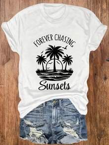 Women's Casual Short Sleeve T-Shirt - "Forever Chasing Sunsets" Graphic Print, Loose Fit, Crew Neck, Medium Stretch, All-Season Comfort, With Palm Tree And Sunset Design, Perfect For Beach Style Or Vacation, Y2k Beach T-Shirt Shirt - 白色 - 查看 3