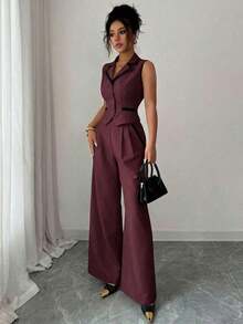 Traje de chaleco y pantalones con ribete de contraste elegante para mujer, todos los atuendos para mujer, de vuelta a la escuela, atuendos de maestra para mujer, vestido de invitada de boda elegante, casual de negocios para mujer, vestido de in - Burdeos - Ver 3