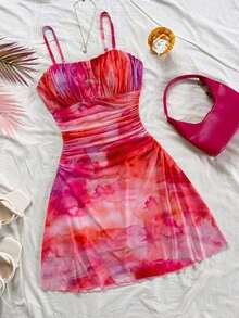 Vestido mini de tirantes finos con línea A, con estampado floral romántico rosa, apropiado para fiesta, cita, Día de San Valentín, Pascua, carnaval, crucero de playa, té de la tarde, moda de primavera/verano - Multicolor - Ver 3