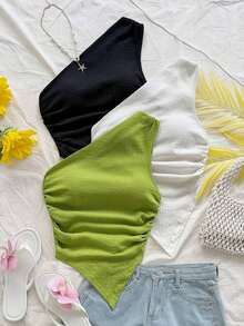 Conjunto de 3 piezas con top asimétrico casual de uso diario y de verano para vacaciones, talla grande 2 piezas adicionales, para volver al colegio o para la hora del té por la tarde - Multicolor 2 - Ver 4