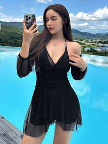 Traje de baño de una pieza de manga larga de unicolor y de moda para vacaciones de verano - Negro - Ver 4