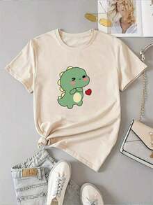 T-Shirt With Cartoon Dinosaur Print - Apricot - View 3