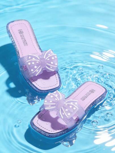 Girls' Fashion Elegant Crystal Slippers, PVC Bow Design, Suitable For Home, Shower, Casual, Wading, Outdoor, Hiking, Travel, Beach, Versatile Sandals For Spring, Summer, Autumn