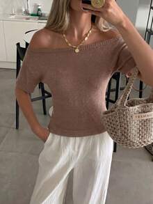 Women's New Off Shoulder Knit Top, Sexy & Suitable For Vacation, Summer - Brownish-brown - View 4