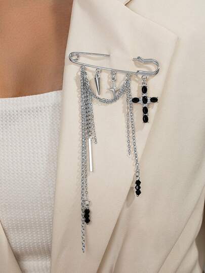 1pc Punk Cross Rivet Tassel Brooch Pin, Suitable For Party, Music Festival, Decoration On Suits, Bags, Denim