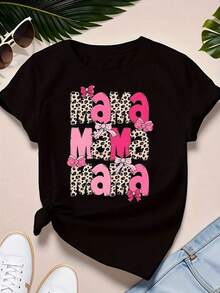 1 Piece Pink Mama Tie T-Shirt, 1 Piece Plus Size T-Shirt For Women, Funny, With Graphic Print, Short Sleeve, Novelty, 100% Cotton, Round Neck, Casual Style, 220g/180g. - 黑色 - 查看 1