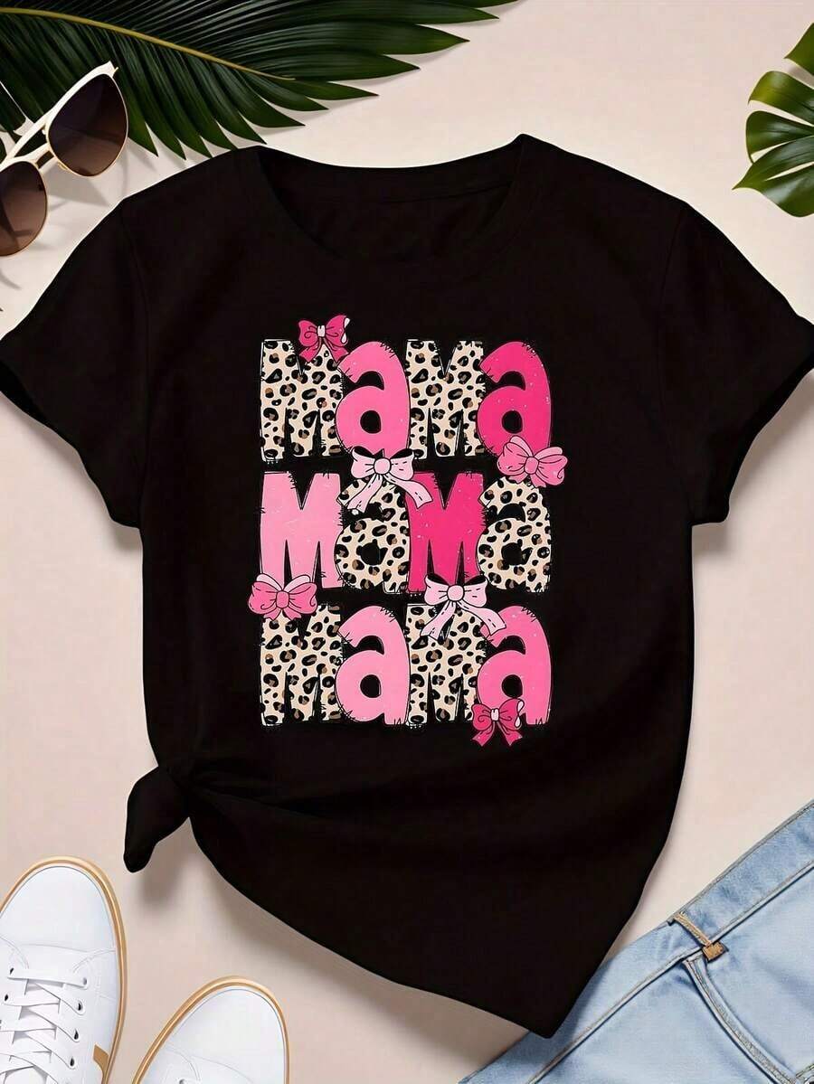 1 Piece Pink Mama Tie T-Shirt, 1 Piece Plus Size T-Shirt For Women, Funny, With Graphic Print, Short Sleeve, Novelty, 100% Cotton, Round Neck, Casual Style, 220g/180g. - 黑色 - 查看 1